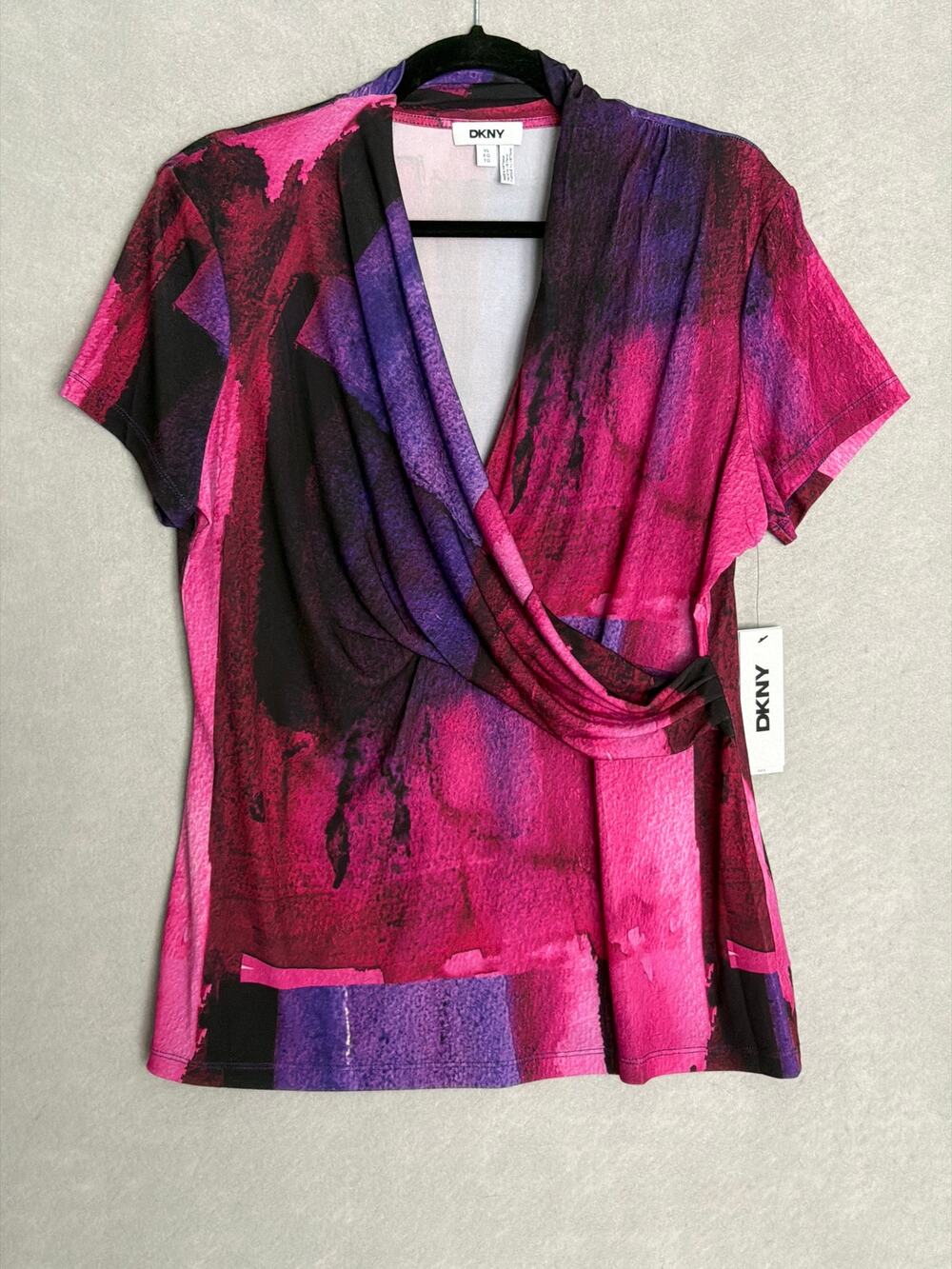 DKNY Faux Wrap Top Short Sleeve V-Neck Pink/Purple Women's Large NEW